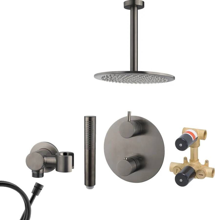 Mueller Ferro inbouw regendouche rond met 30cm hoofddouche en plafondarm 30cm gunmetal verouderd ijzer
