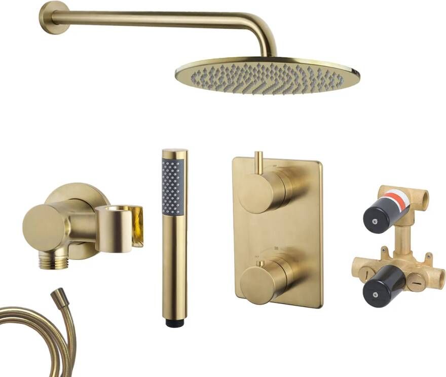 Mueller Gold inbouw regendouche met 20cm hoofddouche en muurarm 35cm messing geborsteld