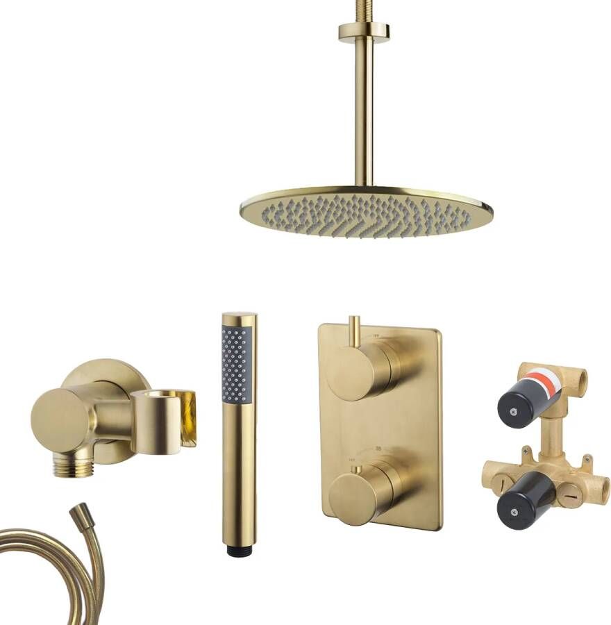 Mueller Gold inbouw regendouche met 25cm hoofddouche en plafondarm 20cm messing geborsteld