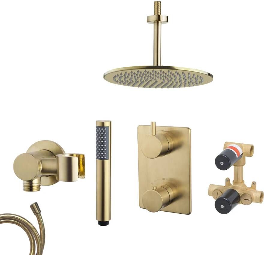 Mueller Gold inbouw regendouche met 30cm hoofddouche en plafondarm 15cm messing geborsteld