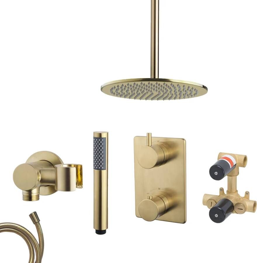 Mueller Gold inbouw regendouche met 30cm hoofddouche en plafondarm 30cm messing geborsteld