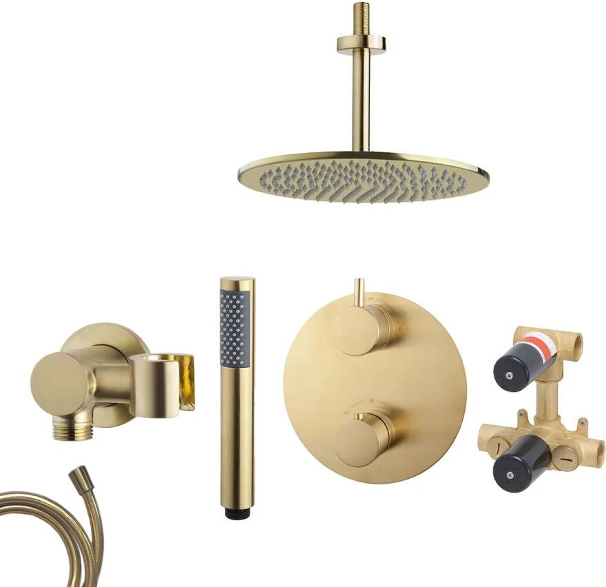Mueller Gold inbouw regendouche rond met 25cm hoofddouche en plafondarm 15cm messing geborsteld