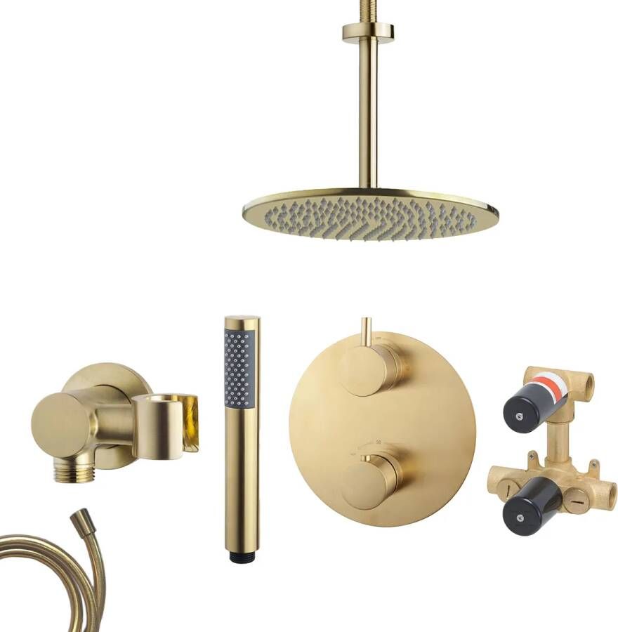 Mueller Gold inbouw regendouche rond met 25cm hoofddouche en plafondarm 20cm messing geborsteld