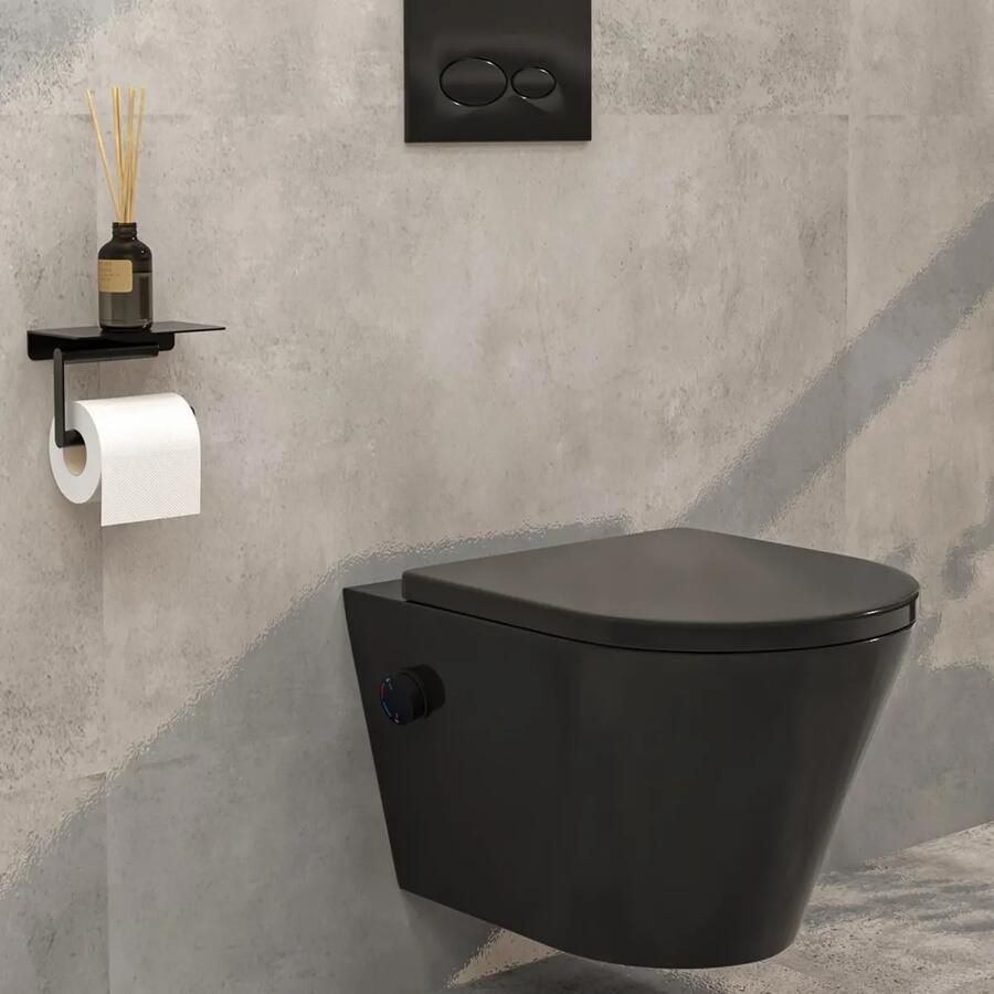 Mueller Afesta randloos toiletpot met bidetsproeier warm koud en dunne softclose zitting zwart mat