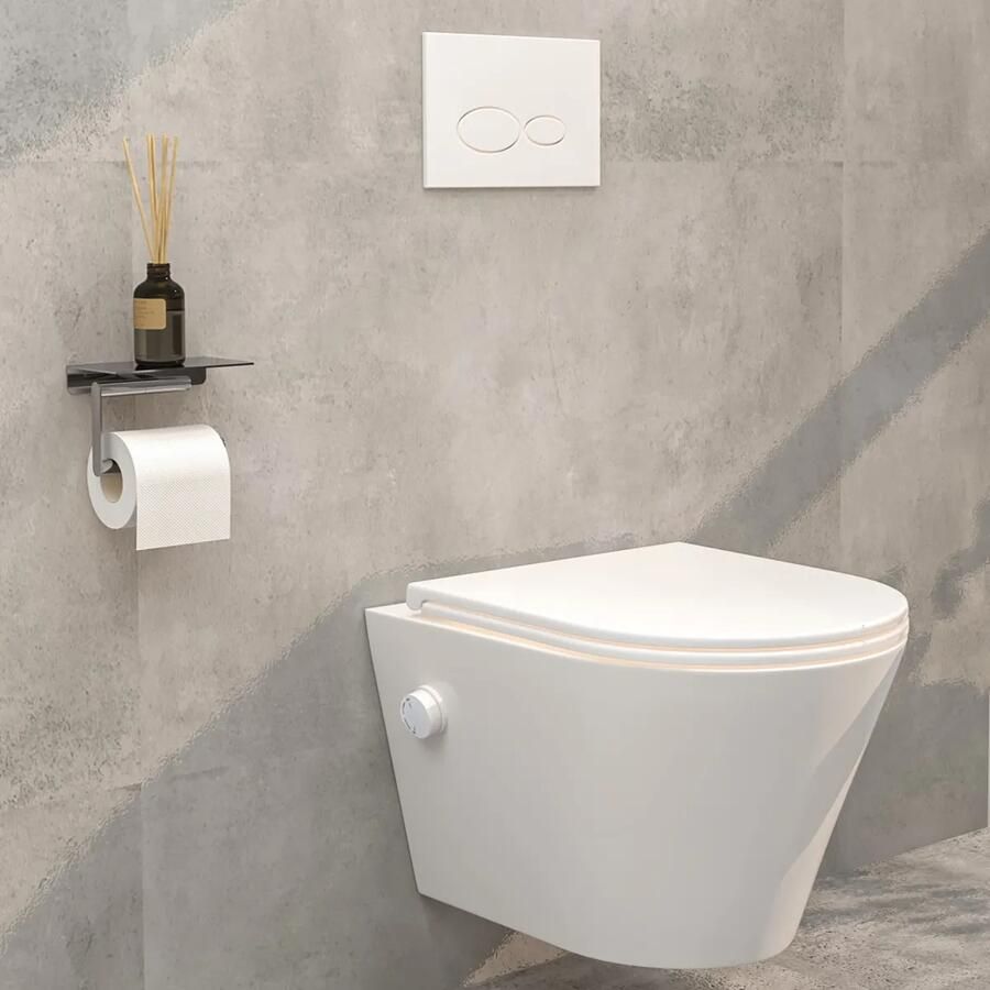 Mueller Afesta randloos toiletpot met bidetsproeier warm koud en platte softclose zitting wit mat