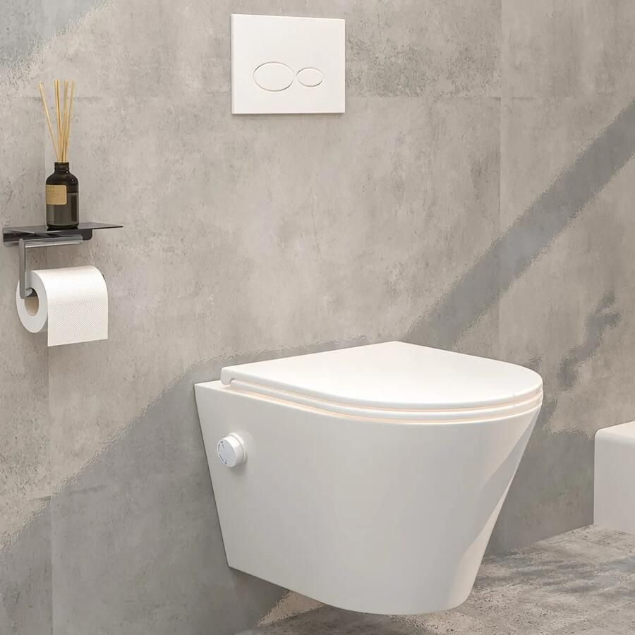 Mueller Afesta randloos toiletpot met bidetsproeier warm koud en platte softclose zitting wit glans