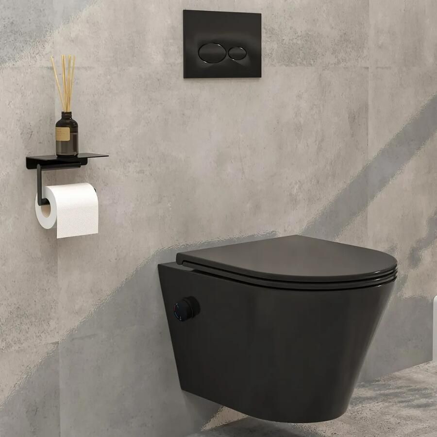 Mueller Afesta randloos toiletpot met bidetsproeier warm koud en platte softclose zitting zwart mat