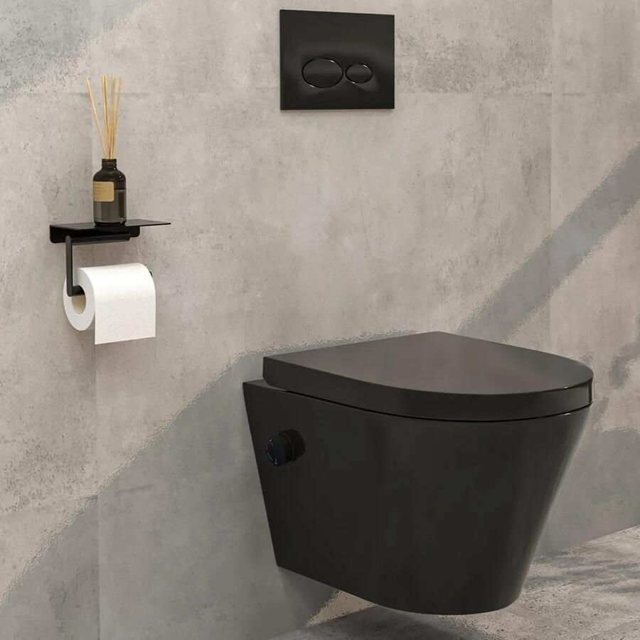 Mueller Afesta randloos toiletpot met bidetsproeier warm koud en softclose zitting zwart mat