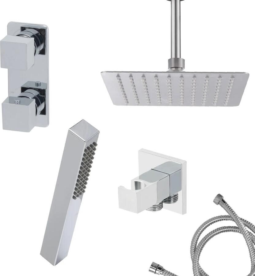 Mueller Cube inbouw regendouche met smalle 2-wegs thermostaat en 30cm hoofddouche chroom