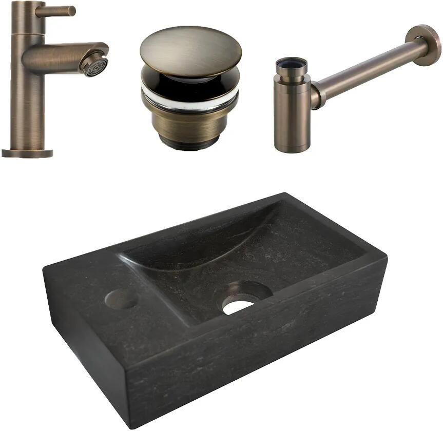 Mueller Small natuursteen fonteinset links met verouderd messing kraan en toebehoren