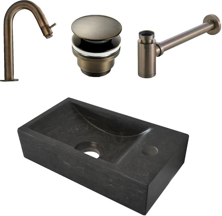 Mueller Small natuursteen fonteinset rechts met verouderd messing gebogen fonteinkraan en toebehoren