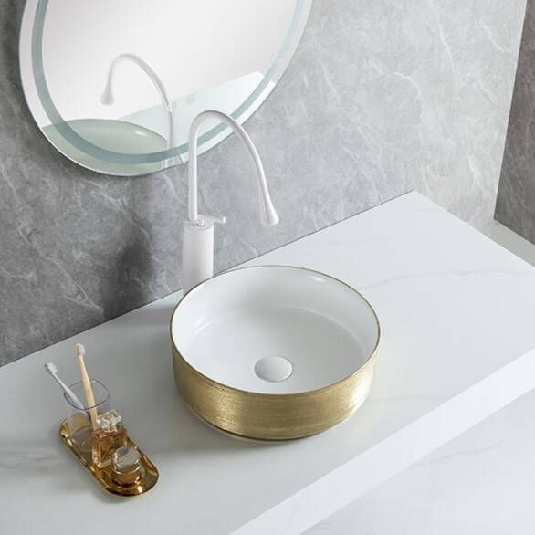 Mueller Ray ronde waskom 36x36x12cm glans wit geborsteld goud