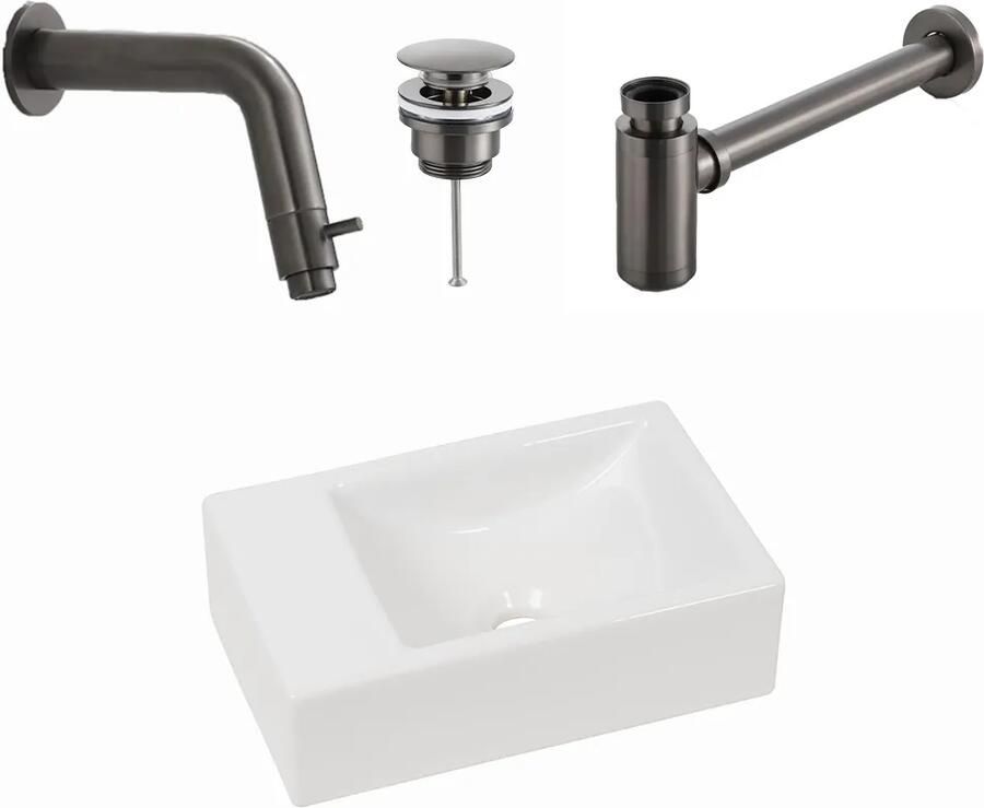 Plieger Houston fonteinset met witte fontein links en gunmetal inbouwkraan