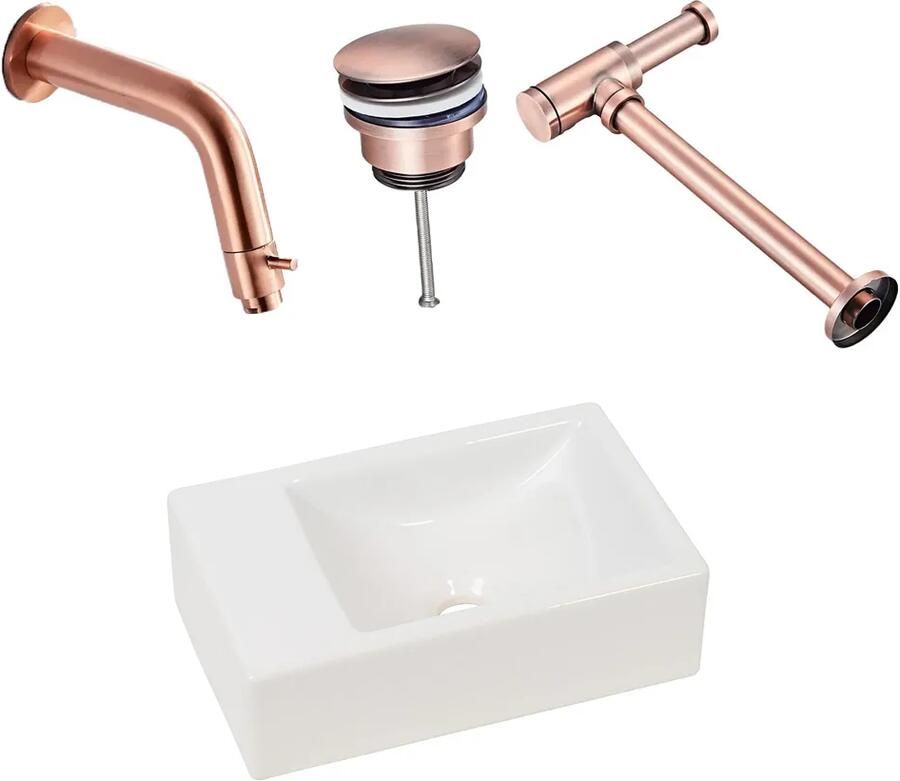 Plieger Houston fonteinset met witte fontein links en koperen inbouwkraan