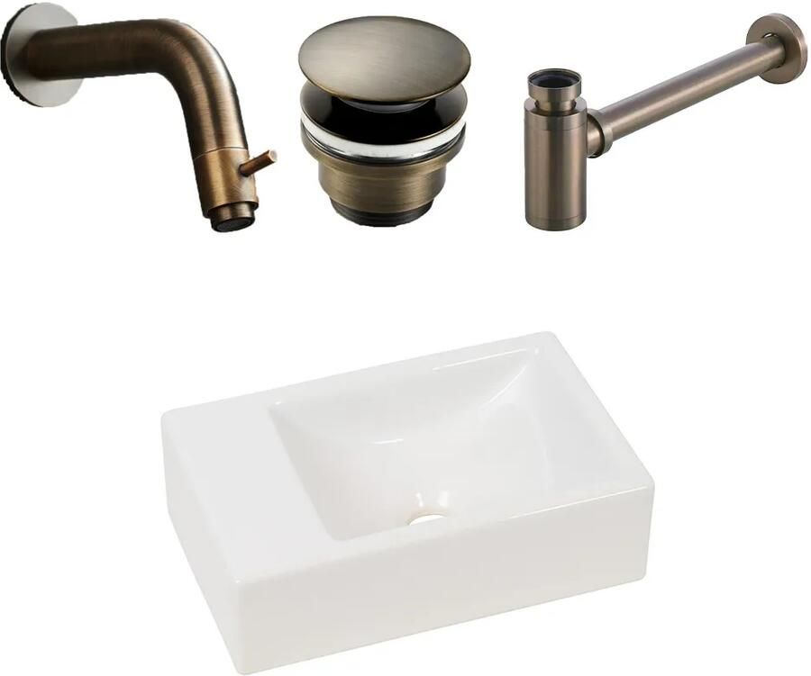 Plieger Houston fonteinset met witte fontein links en verouderd messing inbouwkraan