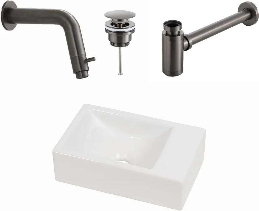 Plieger Houston fonteinset met mat witte fontein rechts en gunmetal inbouwkraan