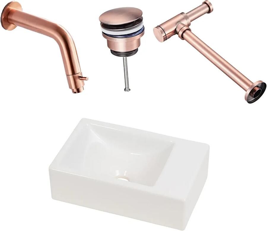 Plieger Houston fonteinset met mat witte fontein rechts en koperen inbouwkraan