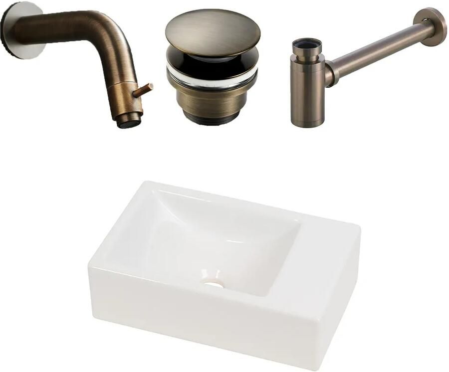 Plieger Houston fonteinset met witte fontein rechts en verouderd messing inbouwkraan