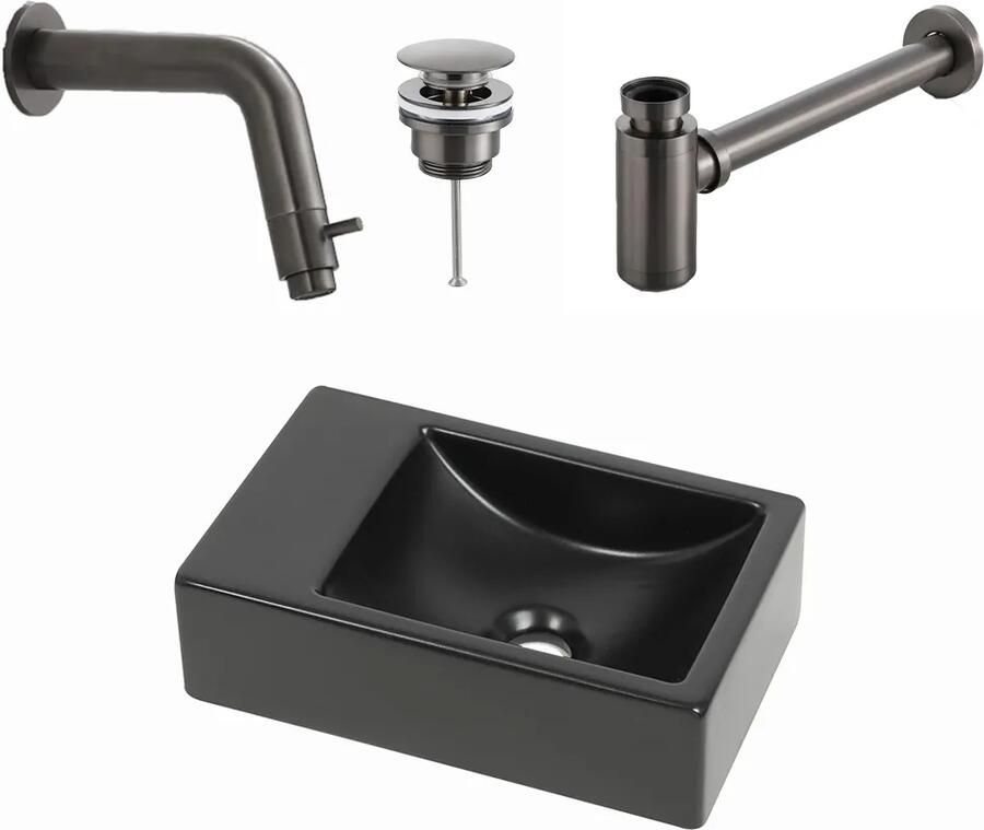 Plieger Houston fonteinset met zwarte fontein links en gunmetal inbouwkraan