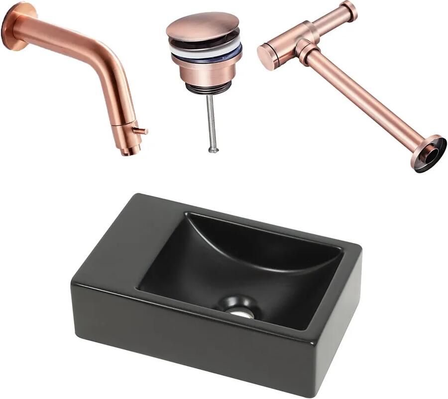 Plieger Houston fonteinset met zwarte fontein links en koperen inbouwkraan