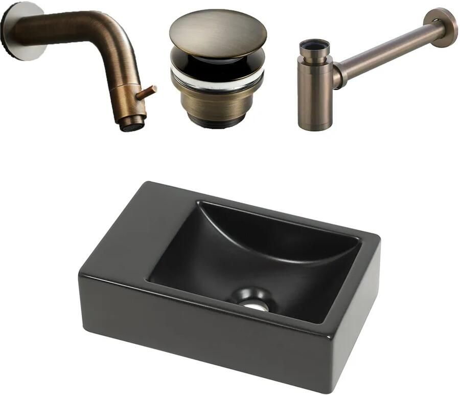 Plieger Houston fonteinset met zwarte fontein links en verouderd messing inbouwkraan