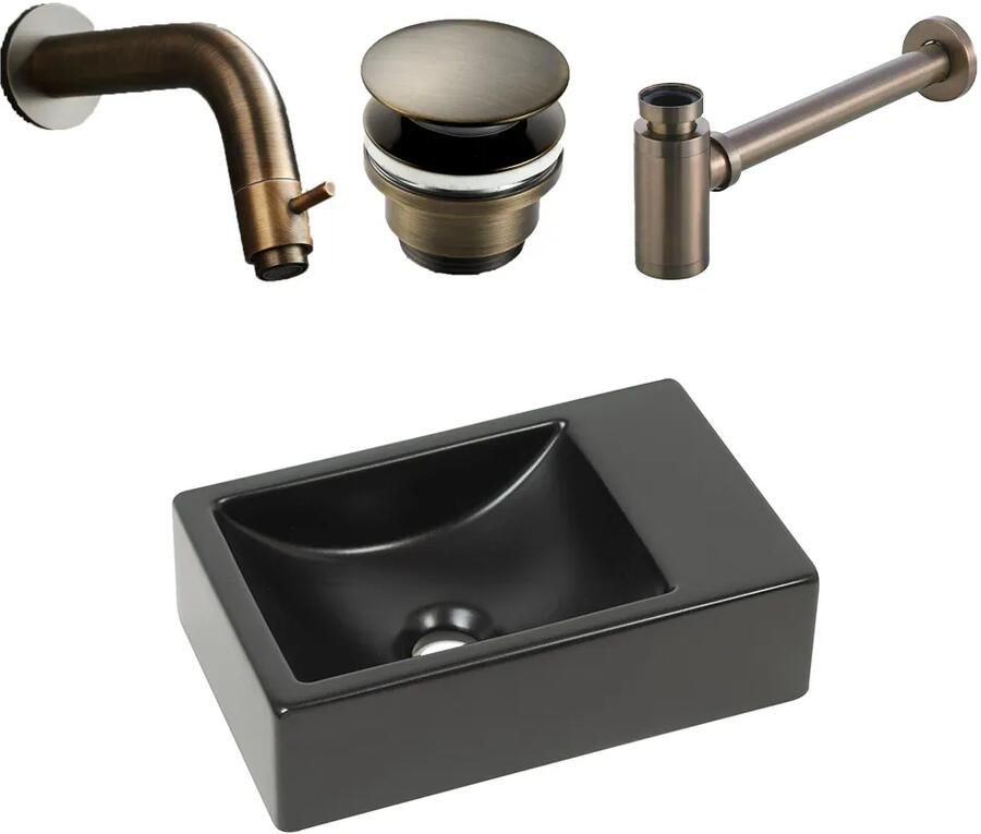 Plieger Houston fonteinset met zwarte fontein rechts en verouderd messing inbouwkraan