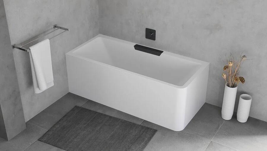 Polysan Monolith Cascata links half vrijstaand bad met zwarte waterval uitloop 180x80cm