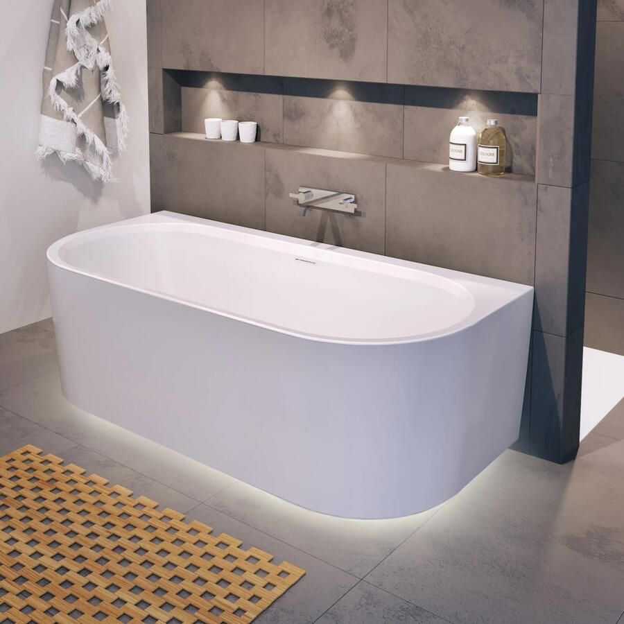 Riho Desire half vrijstaand bubbelbad sparkle mood midden 180x84cm wit glans met LED strip en Fall overloop