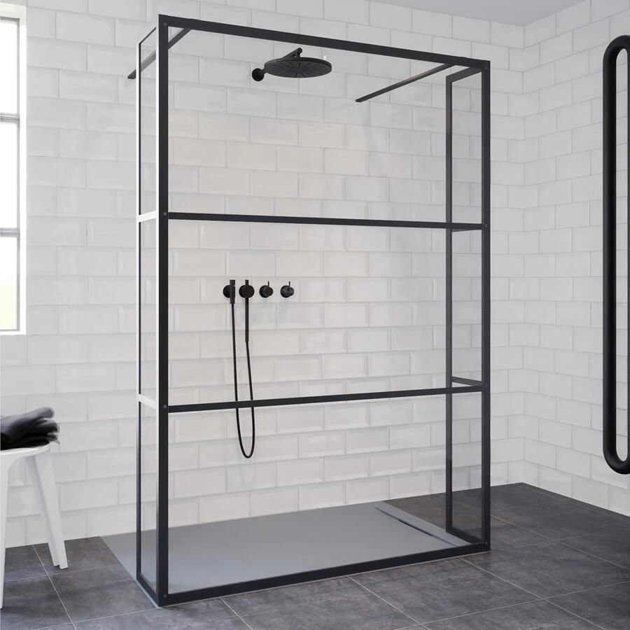 Riho Grid GB404 vrijstaande douchewand 90cm met 30cm zijwand zwart mat