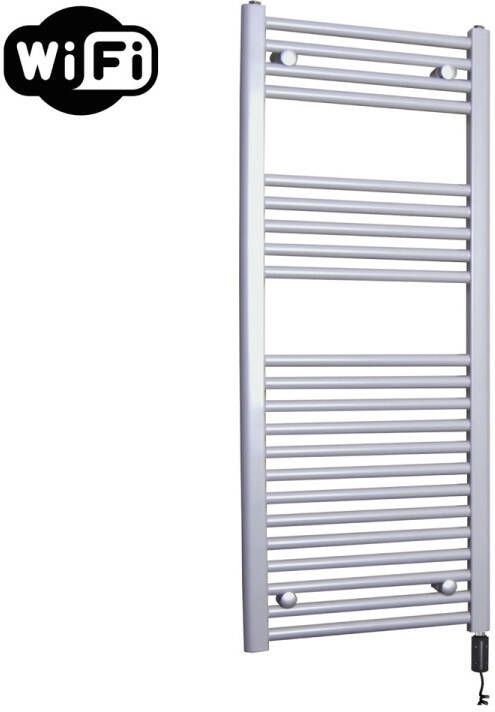 Sanicare elektrische design radiator 45x112cm zilvergrijs met WiFi en thermostaat rechts zwart