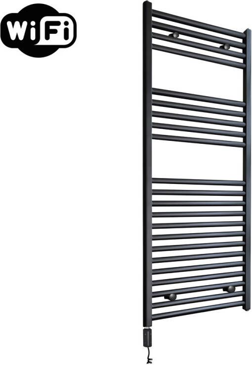 Sanicare elektrische design radiator 45x112cm zwart mat met WiFi en thermostaat links zwart