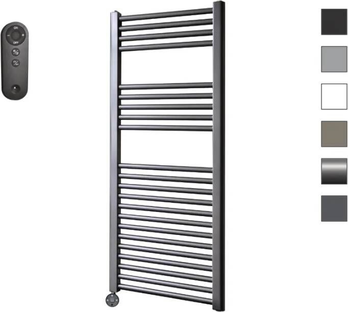 Sanicare HVS elektrische radiator 45x112 cm gunmetal met afstandsbediening en thermostaat zwart linksonder