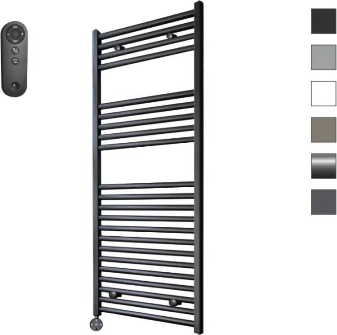 Sanicare HVS elektrische radiator 45x112cm zwart mat met afstandsbediening en thermostaat zwart linksonder