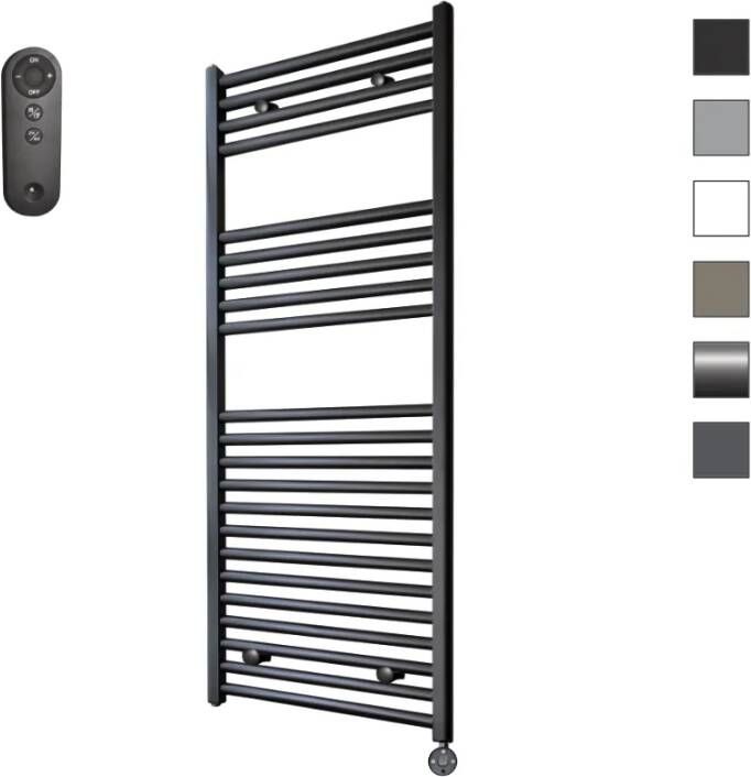 Sanicare HVS elektrische radiator 45x112cm zwart mat met afstandsbediening en thermostaat zwart rechtsonder