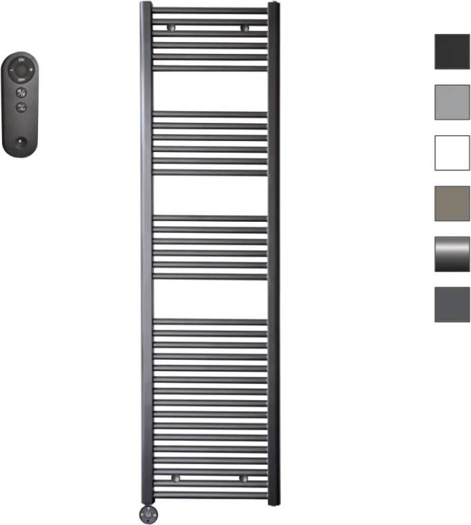 Sanicare HVS elektrische radiator 45x172cm gunmetal met afstandsbediening en thermostaat zwart linksonder