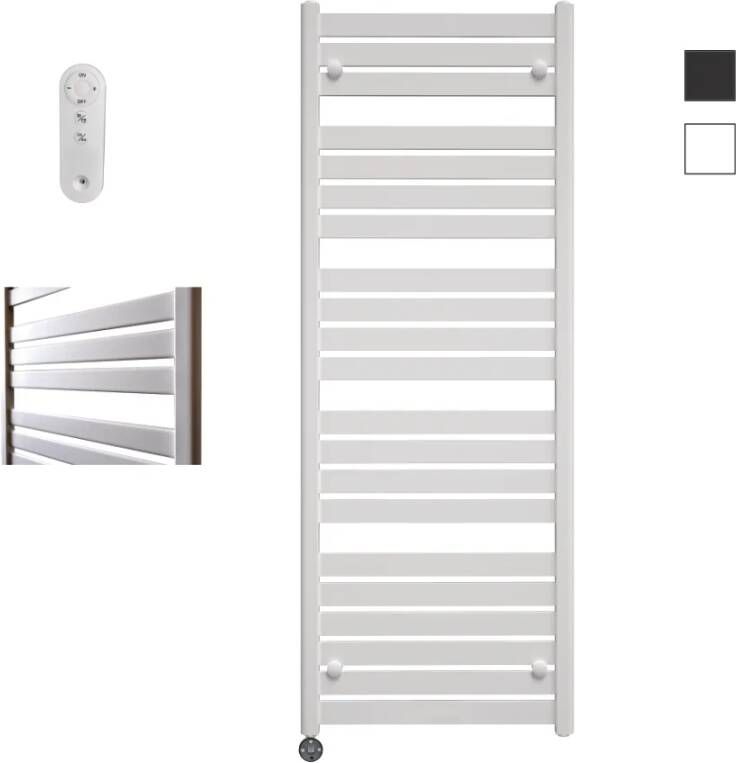 Sanicare Moda elektrische radiator 60x160cm wit mat met afstandsbediening en thermostaat zwart linksonder