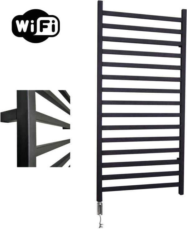 Sanicare Qubic elektrische radiator 60x126cm zwart mat met WiFi en thermostaat links chroom