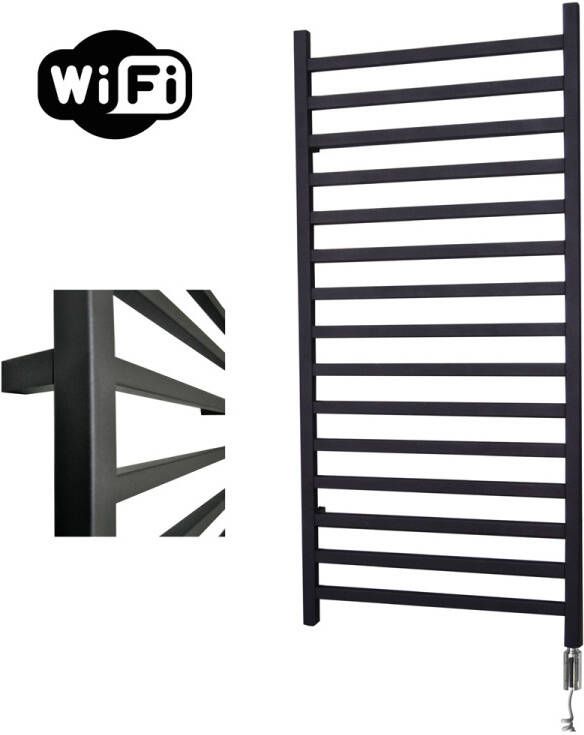 Sanicare Qubic elektrische radiator 60x126cm zwart mat met WiFi en thermostaat rechts chroom