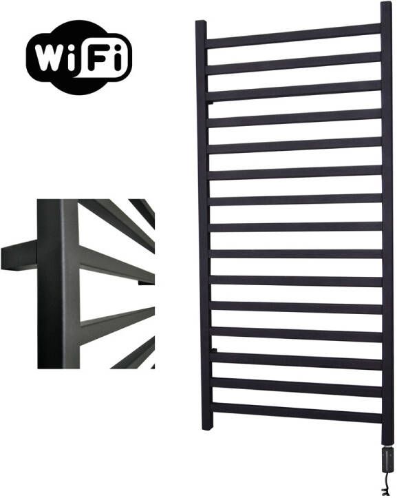 Sanicare Qubic elektrische radiator 60x126cm zwart mat met WiFi en thermostaat rechts zwart