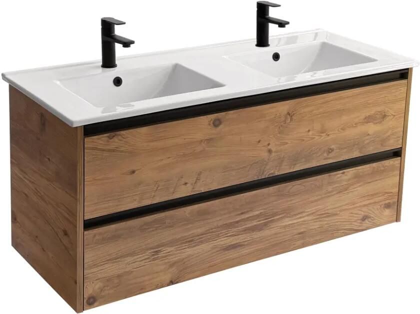 Sanicare Arda badkamermeubel 120cm arrano oak met dubbele keramische wastafel wit