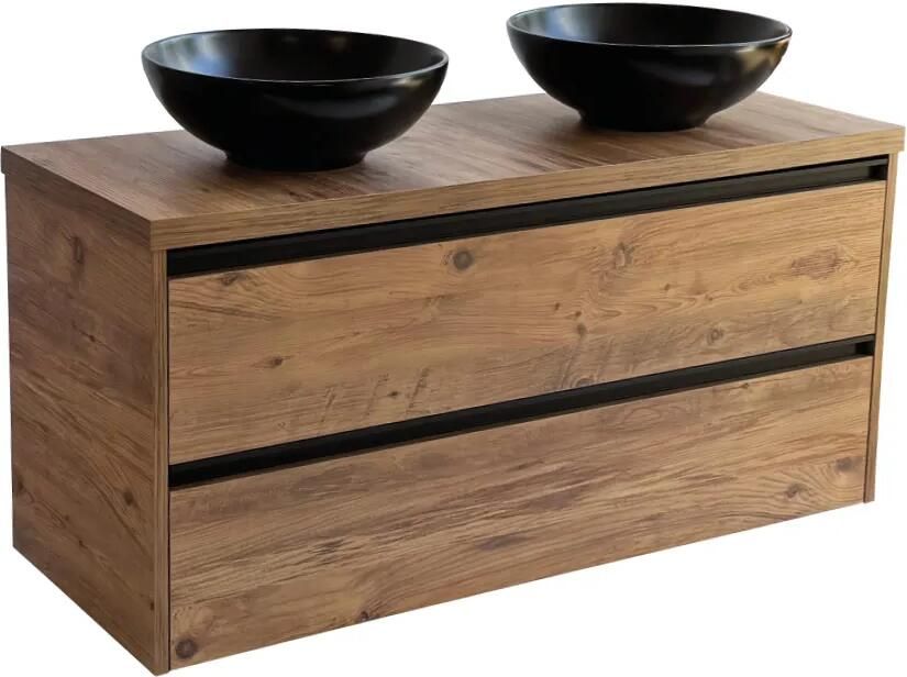 Sanicare Arda badkamermeubel 120cm arrano oak met ronde zwarte waskommen