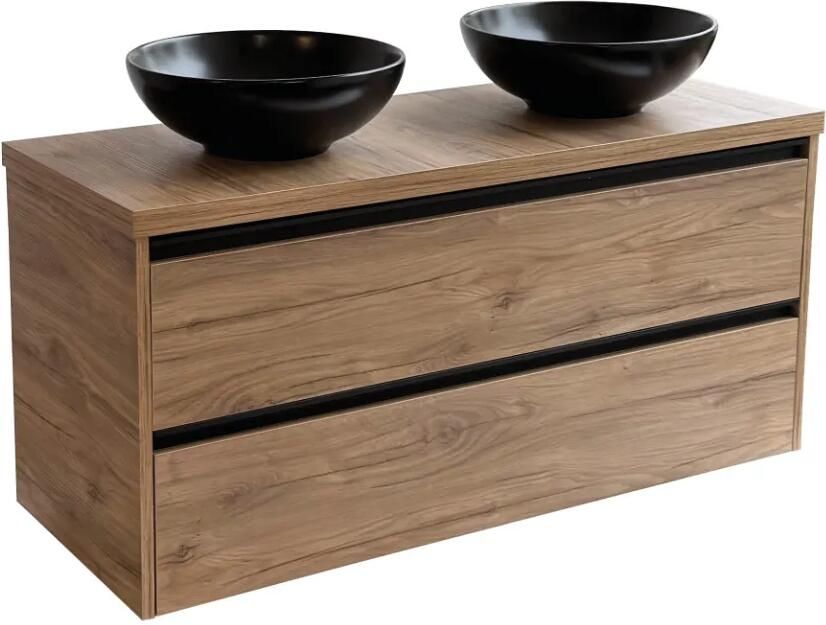 Sanicare Arda badkamermeubel 120cm diveria oak met ronde zwarte waskommen