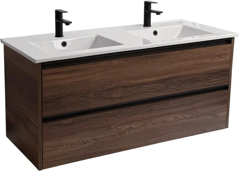 Sanicare Arda badkamermeubel 120cm nera oak met dubbele keramische wastafel wit