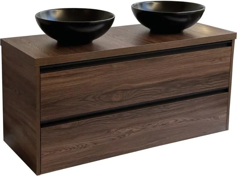 Sanicare Arda badkamermeubel 120cm nera oak met ronde zwarte waskommen