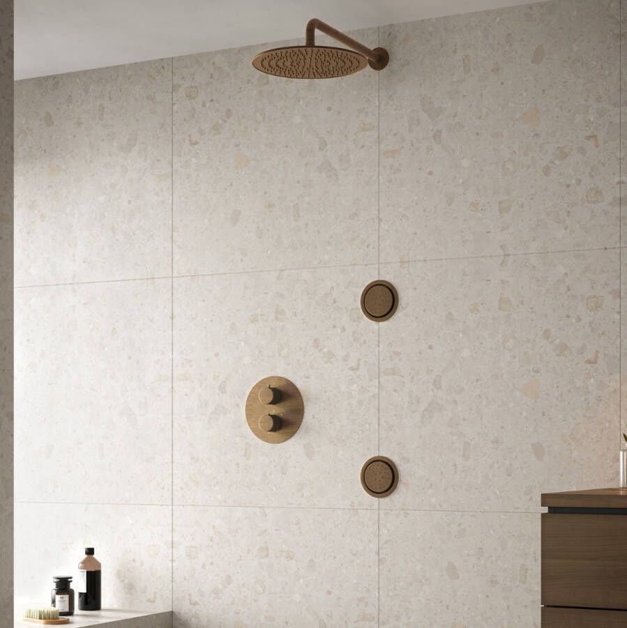 Saniclear Antique inbouwregendouche 20cm met ronde massagejets en wandarm verouderd messing