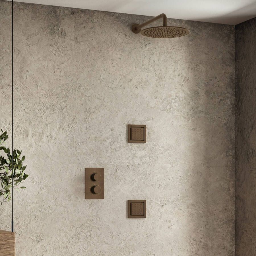 Saniclear Antique inbouwregendouche 20cm met vierkante massagejets en wandarm verouderd messing