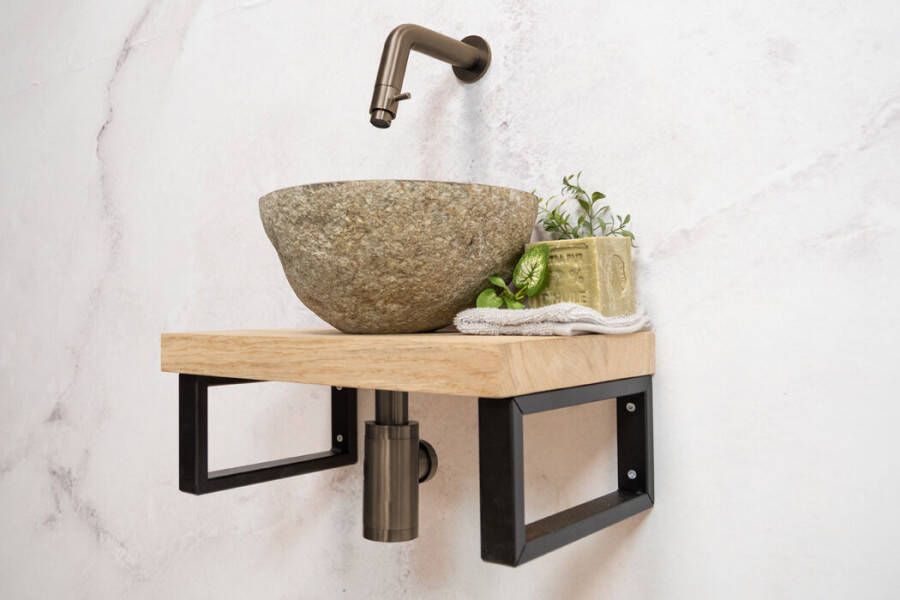 Saniclear Baru fonteinset met eiken plank rivierstenen waskom en kraan in verouderd messing voor in het toilet