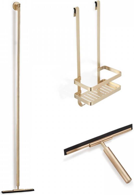 Saniclear Brass douche accessoiresset met wissers en shampoohouder geborsteld messing mat goud