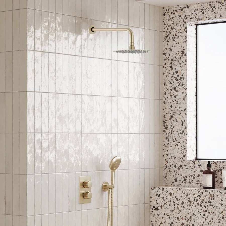 Saniclear Brass inbouw regendouche met 20cm hoofddouche wandarm en 2 standen handdouche geborsteld messing mat goud