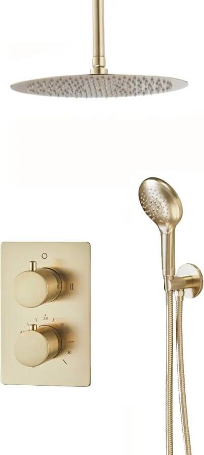 Saniclear Brass inbouw regendouche met 30cm hoofddouche plafondarm en 2 standen handdouche geborsteld messing mat goud